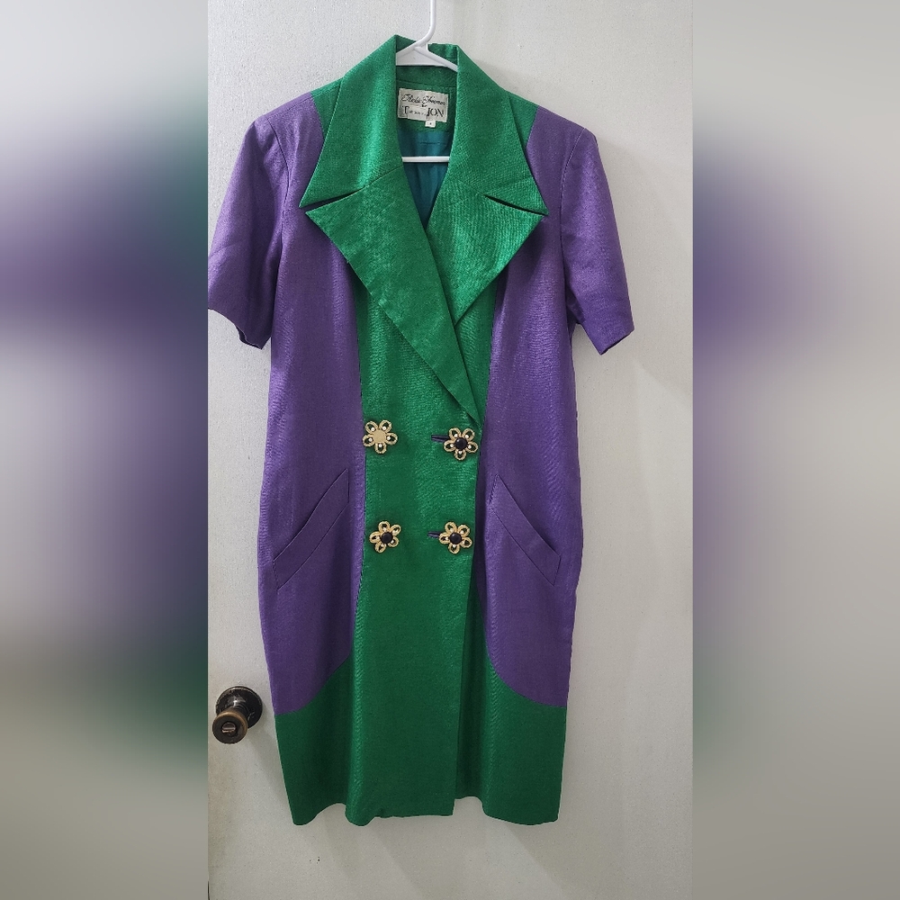 Rickie Freeman Purple-Green Short-Sleeve Double-Breasted Dress, Size 8, Linen.